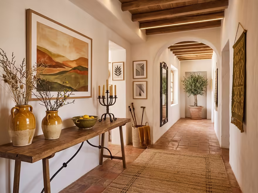 AI-generated mediterranean hallway interior design: warm whitewashed walls
