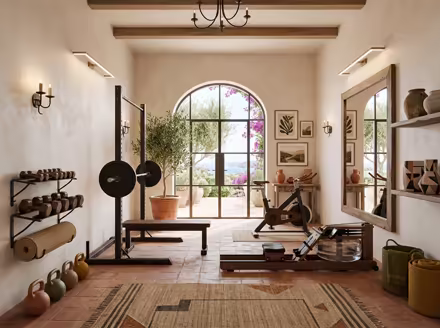AI-generated mediterranean home gym interior design: warm whitewashed walls