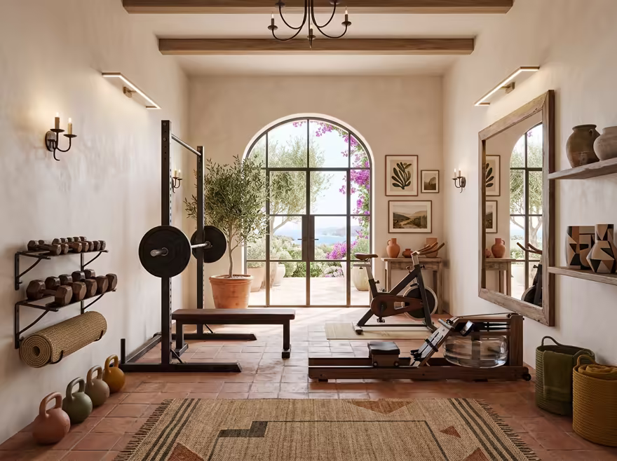 AI-generated mediterranean home gym interior design: warm whitewashed walls