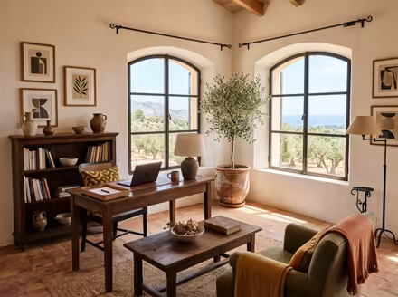 AI-generated mediterranean home office interior design: warm whitewashed walls