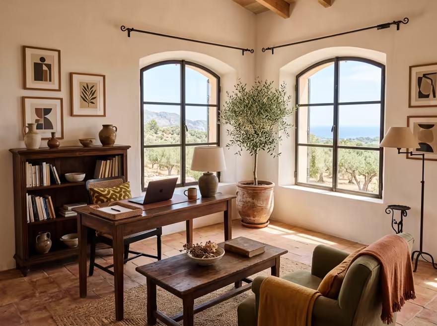 AI-generated mediterranean home office interior design: warm whitewashed walls