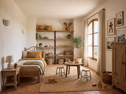 AI-generated mediterranean kids room interior design: warm whitewashed walls
