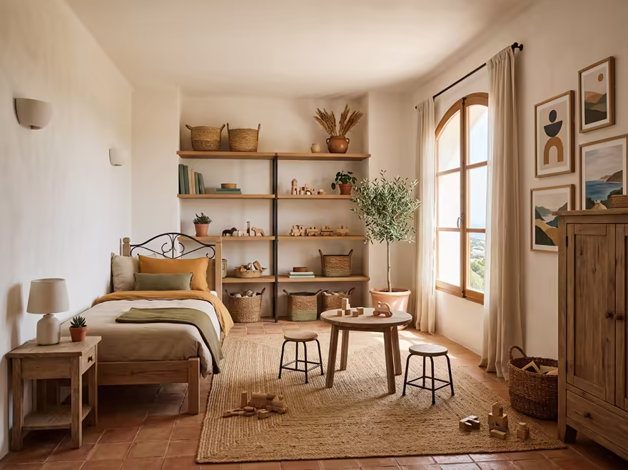 AI-generated mediterranean kids room interior design: warm whitewashed walls