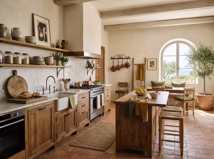 AI-generated mediterranean kitchen interior design: warm whitewashed walls