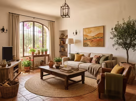 AI-generated mediterranean living room interior design: warm whitewashed walls