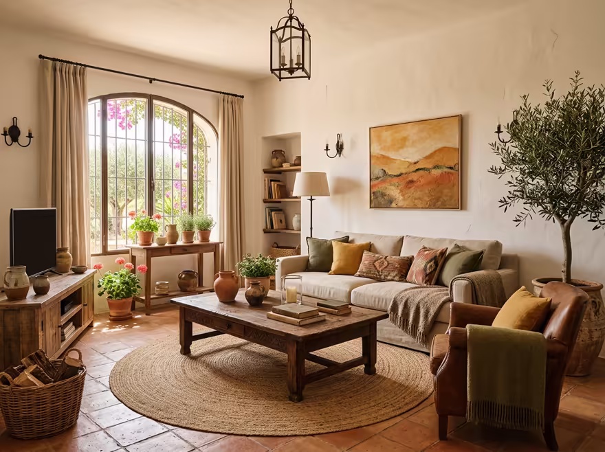 AI-generated mediterranean living room interior design: warm whitewashed walls