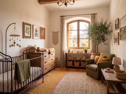 AI-generated mediterranean nursery interior design: warm whitewashed walls