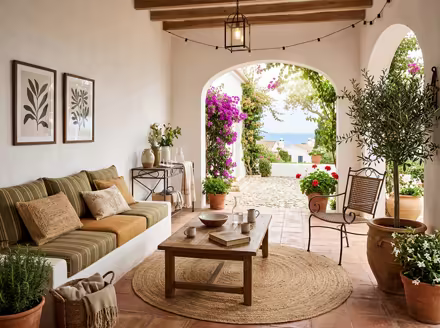 AI-generated mediterranean patio interior design: warm whitewashed walls