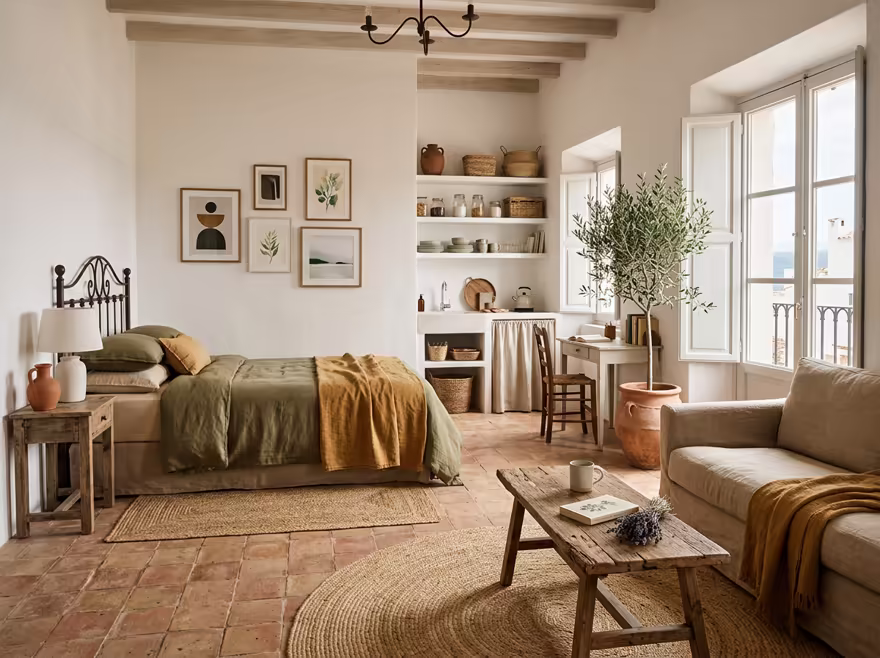 AI-generated mediterranean studio apartment interior design: warm whitewashed walls