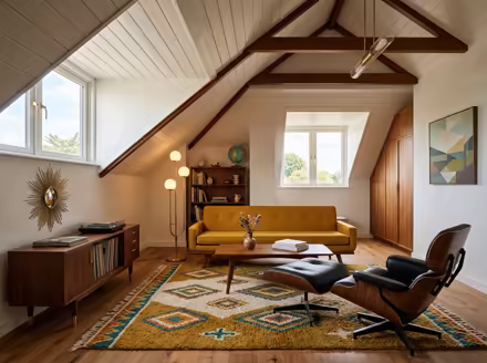 AI-generated mid-century modern attic interior design: teak furniture with tapered legs