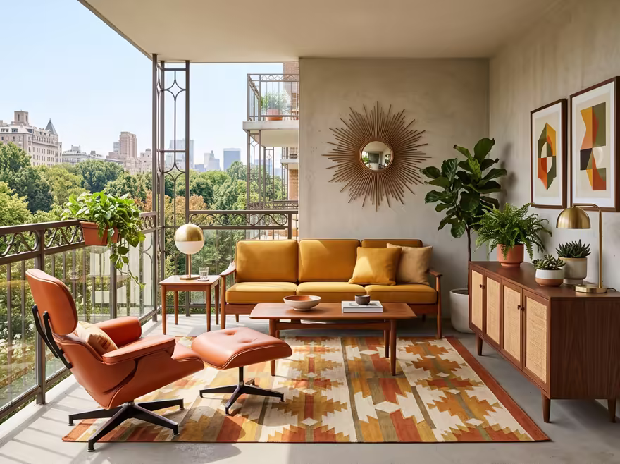 AI-generated mid-century modern balcony interior design: teak furniture with tapered legs