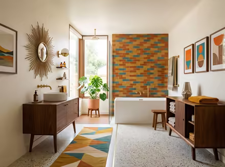 AI-generated mid-century modern bathroom interior design: teak furniture with tapered legs