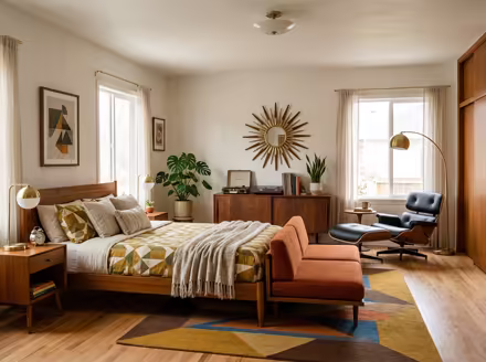 AI-generated mid-century modern bedroom interior design: teak furniture with tapered legs