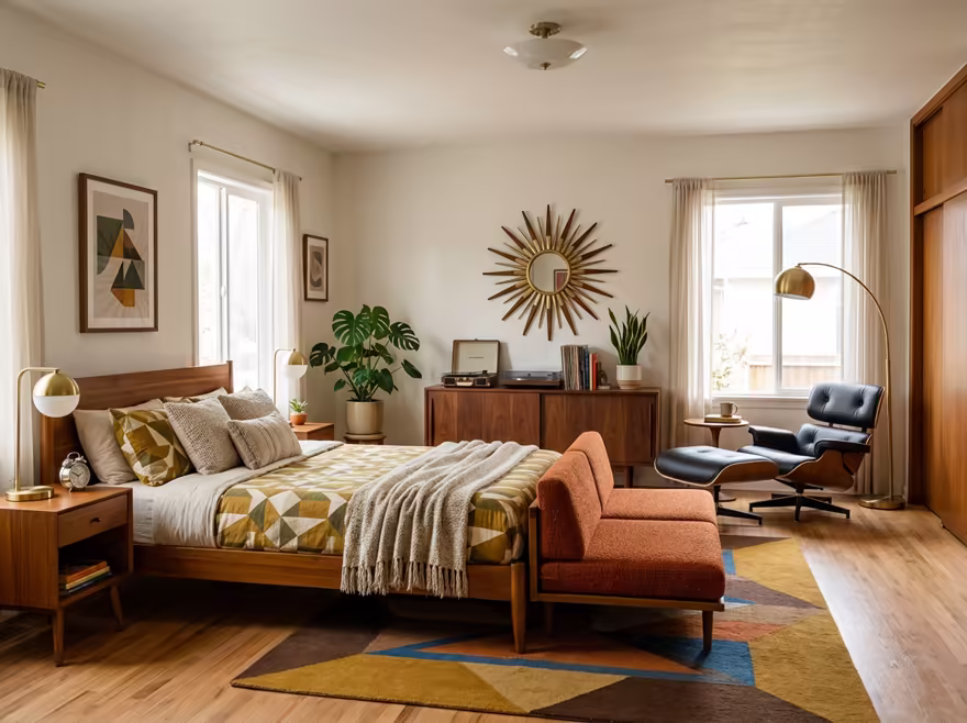 AI-generated mid-century modern bedroom interior design: teak furniture with tapered legs