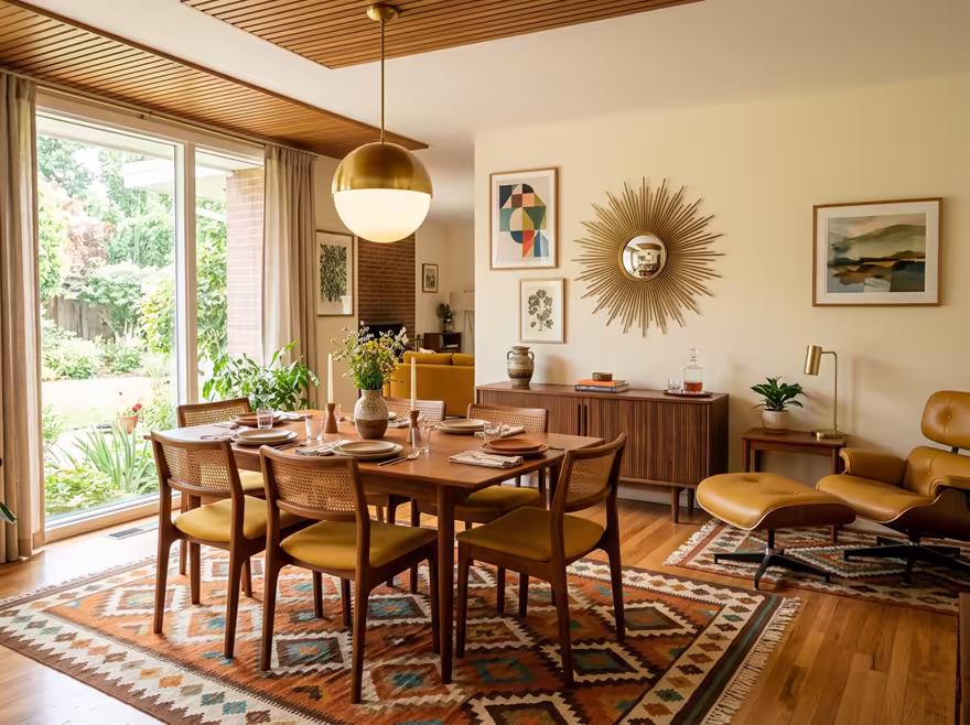 AI-generated mid-century modern dining room interior design: teak furniture with tapered legs