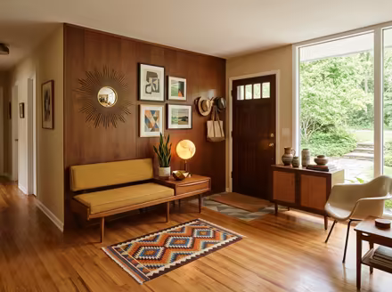 AI-generated mid-century modern entryway interior design: teak furniture with tapered legs