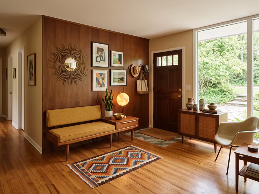AI-generated mid-century modern entryway interior design: teak furniture with tapered legs