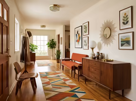 AI-generated mid-century modern hallway interior design: teak furniture with tapered legs