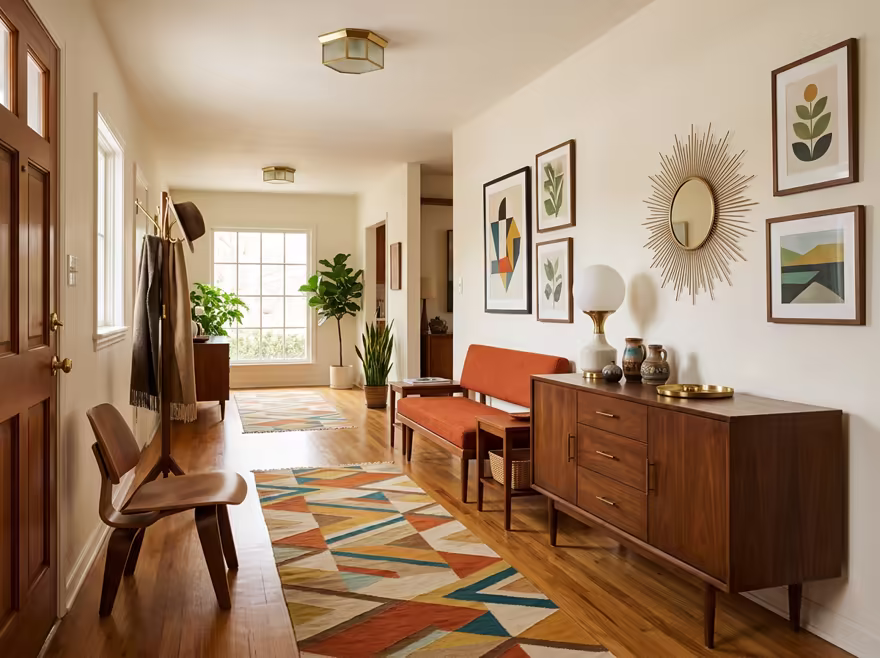 AI-generated mid-century modern hallway interior design: teak furniture with tapered legs