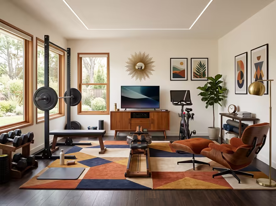 AI-generated mid-century modern home gym interior design: teak furniture with tapered legs