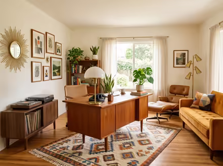 AI-generated mid-century modern home office interior design: teak furniture with tapered legs
