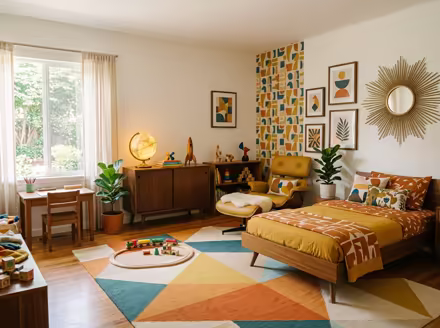 AI-generated mid-century modern kids room interior design: teak furniture with tapered legs