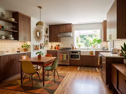 AI-generated mid-century modern kitchen interior design: teak furniture with tapered legs