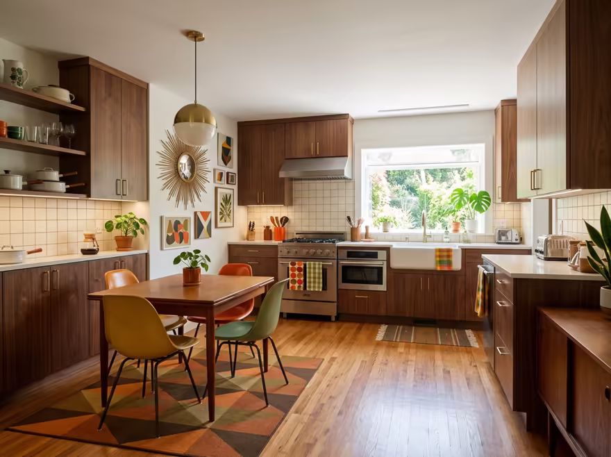 AI-generated mid-century modern kitchen interior design: teak furniture with tapered legs