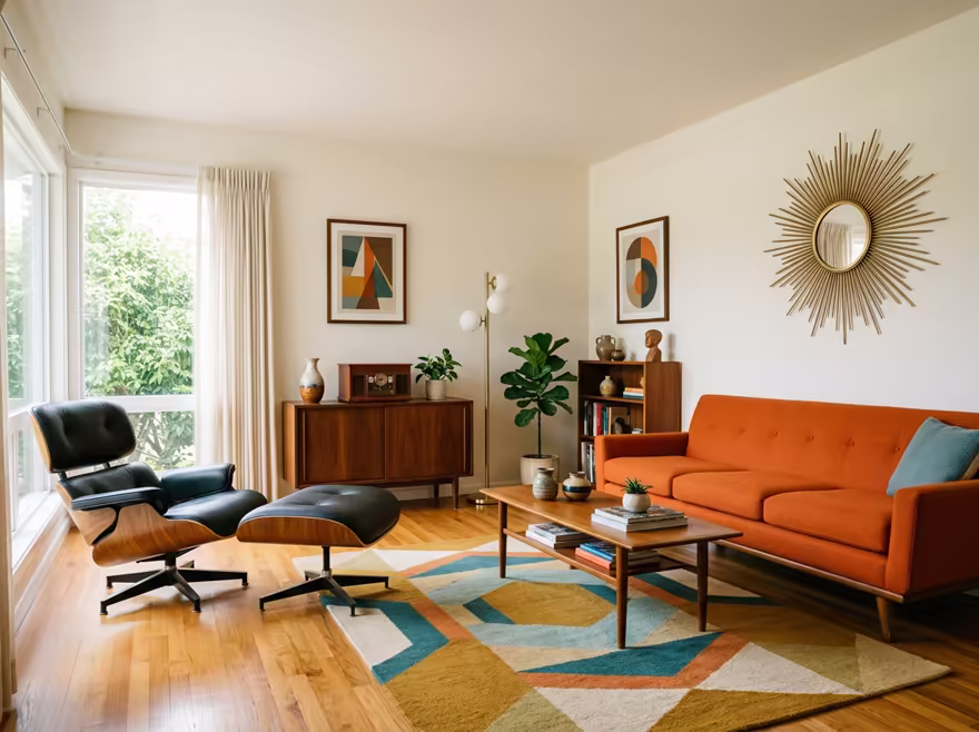 AI-generated mid-century modern living room interior design: teak furniture with tapered legs