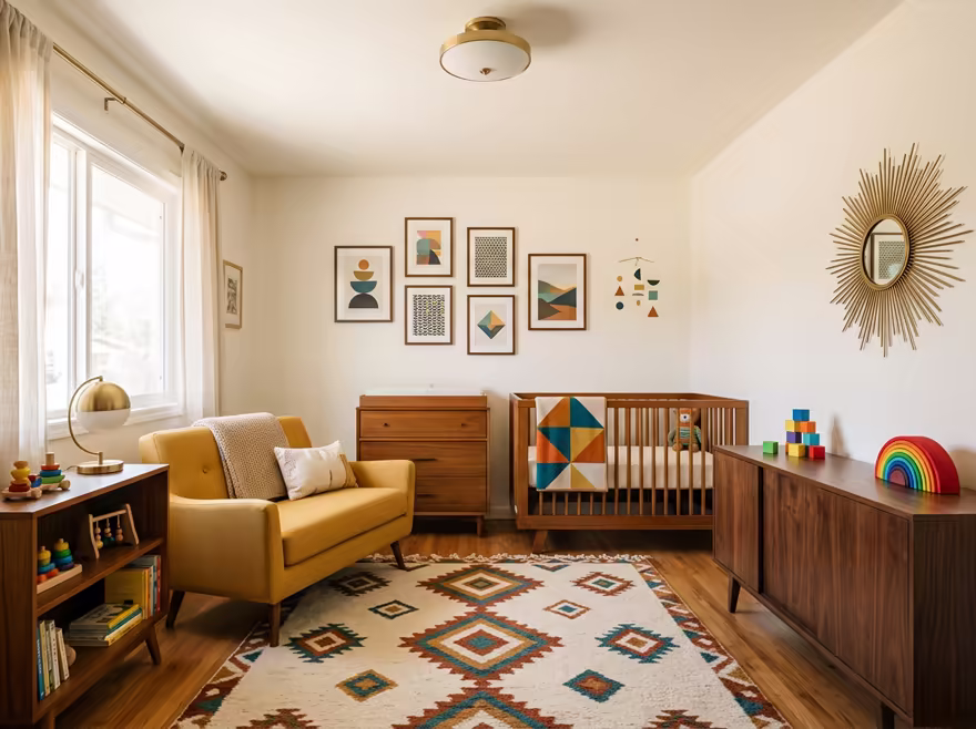 AI-generated mid-century modern nursery interior design: teak furniture with tapered legs