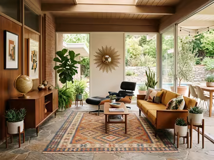 AI-generated mid-century modern patio interior design: teak furniture with tapered legs
