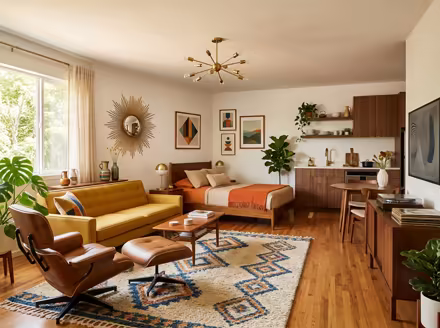 AI-generated mid-century modern studio apartment interior design: teak furniture with tapered legs