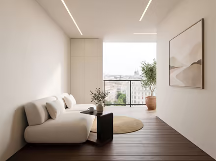 AI-generated minimalist balcony interior design: an almost empty room done perfectly: one exceptional low sofa in off-white