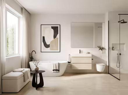 AI-generated minimalist bathroom interior design: an almost empty room done perfectly: one exceptional low sofa in off-white
