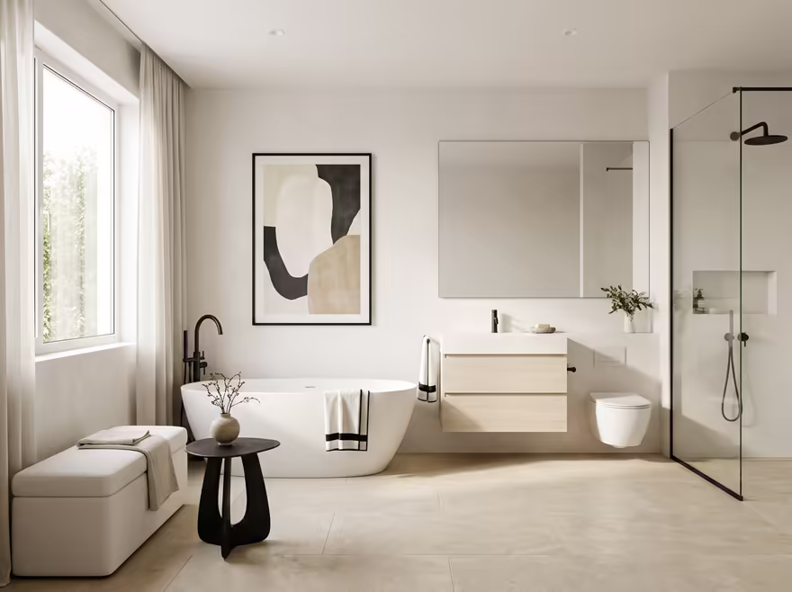 AI-generated minimalist bathroom interior design: an almost empty room done perfectly: one exceptional low sofa in off-white