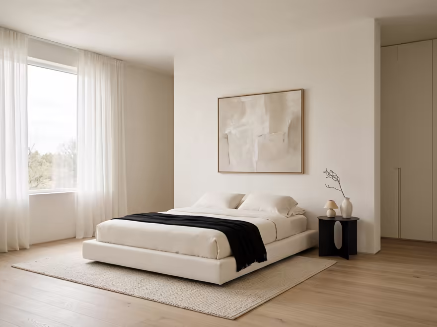 AI-generated minimalist bedroom interior design: an almost empty room done perfectly: one exceptional low sofa in off-white