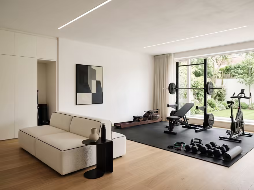AI-generated minimalist home gym interior design: an almost empty room done perfectly: one exceptional low sofa in off-white