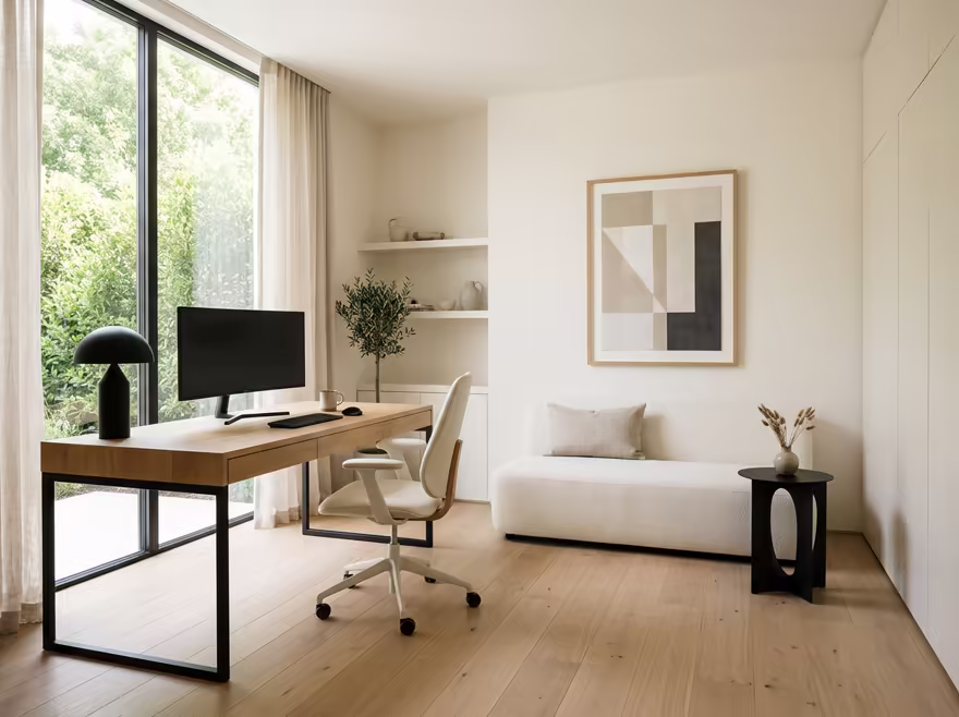 AI-generated minimalist home office interior design: an almost empty room done perfectly: one exceptional low sofa in off-white