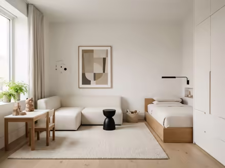 AI-generated minimalist kids room interior design: an almost empty room done perfectly: one exceptional low sofa in off-white