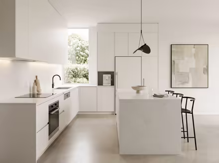 AI-generated minimalist kitchen interior design: an almost empty room done perfectly: one exceptional low sofa in off-white