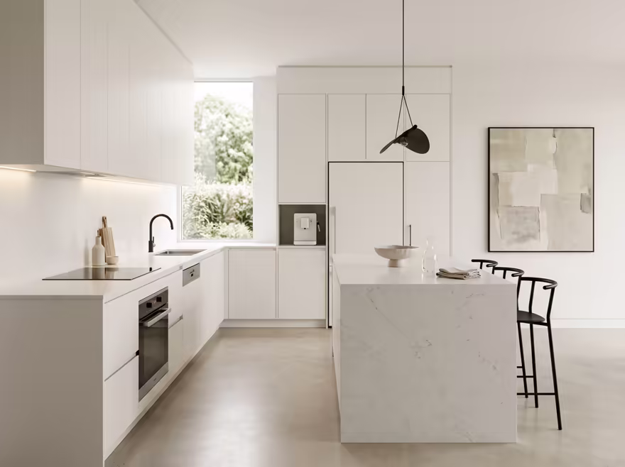 AI-generated minimalist kitchen interior design: an almost empty room done perfectly: one exceptional low sofa in off-white