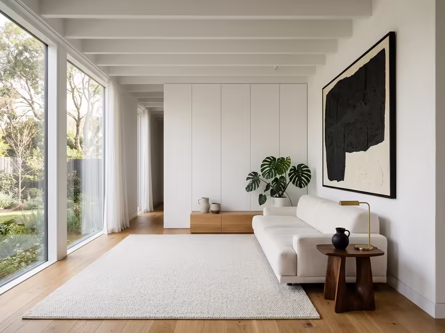 AI-generated minimalist living room interior design: an almost empty room done perfectly: one exceptional low sofa in off-white