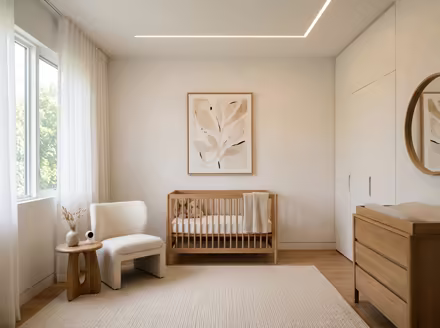 AI-generated minimalist nursery interior design: an almost empty room done perfectly: one exceptional low sofa in off-white