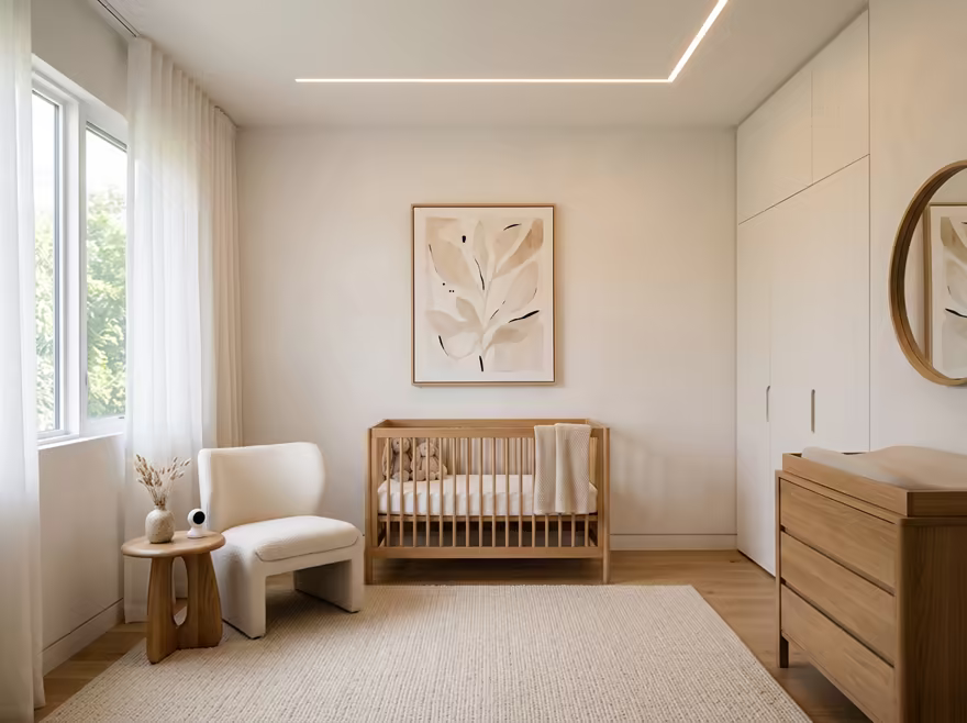 AI-generated minimalist nursery interior design: an almost empty room done perfectly: one exceptional low sofa in off-white