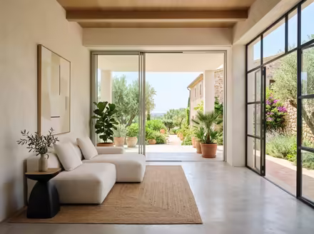 AI-generated minimalist patio interior design: an almost empty room done perfectly: one exceptional low sofa in off-white