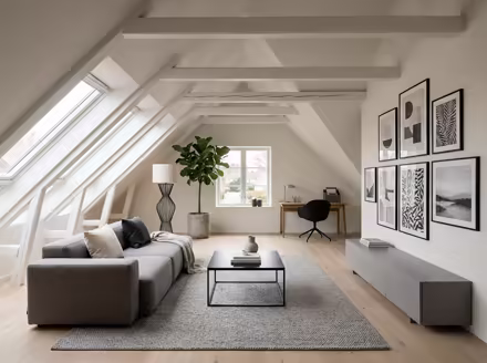 AI-generated modern attic interior design: clean-lined contemporary furniture