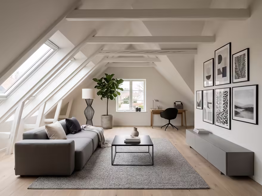 AI-generated modern attic interior design: clean-lined contemporary furniture