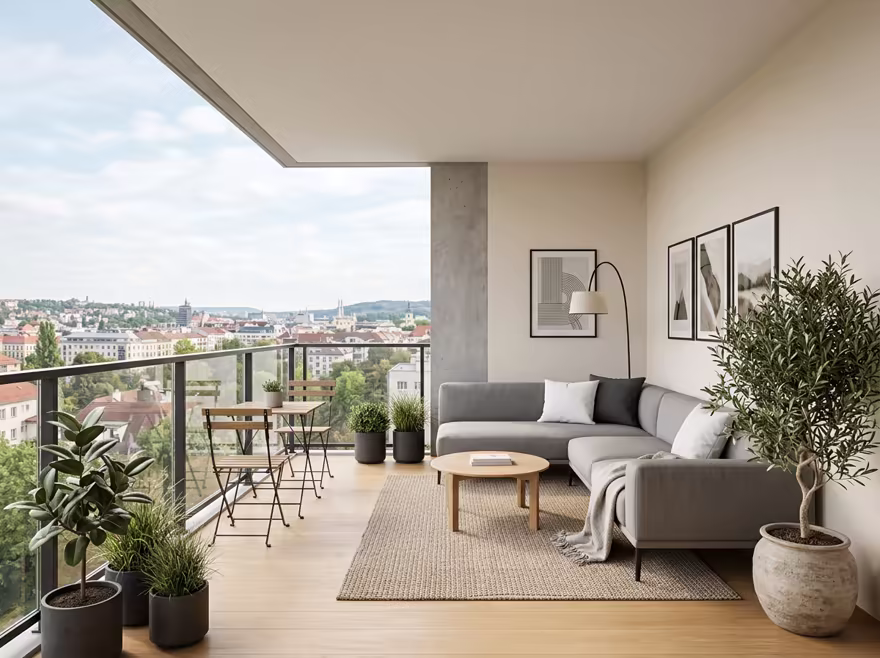 AI-generated modern balcony interior design: clean-lined contemporary furniture