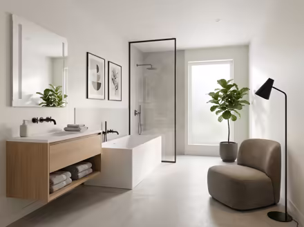 AI-generated modern bathroom interior design: clean-lined contemporary furniture