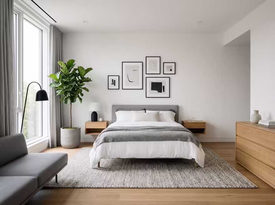 AI-generated modern bedroom interior design: clean-lined contemporary furniture